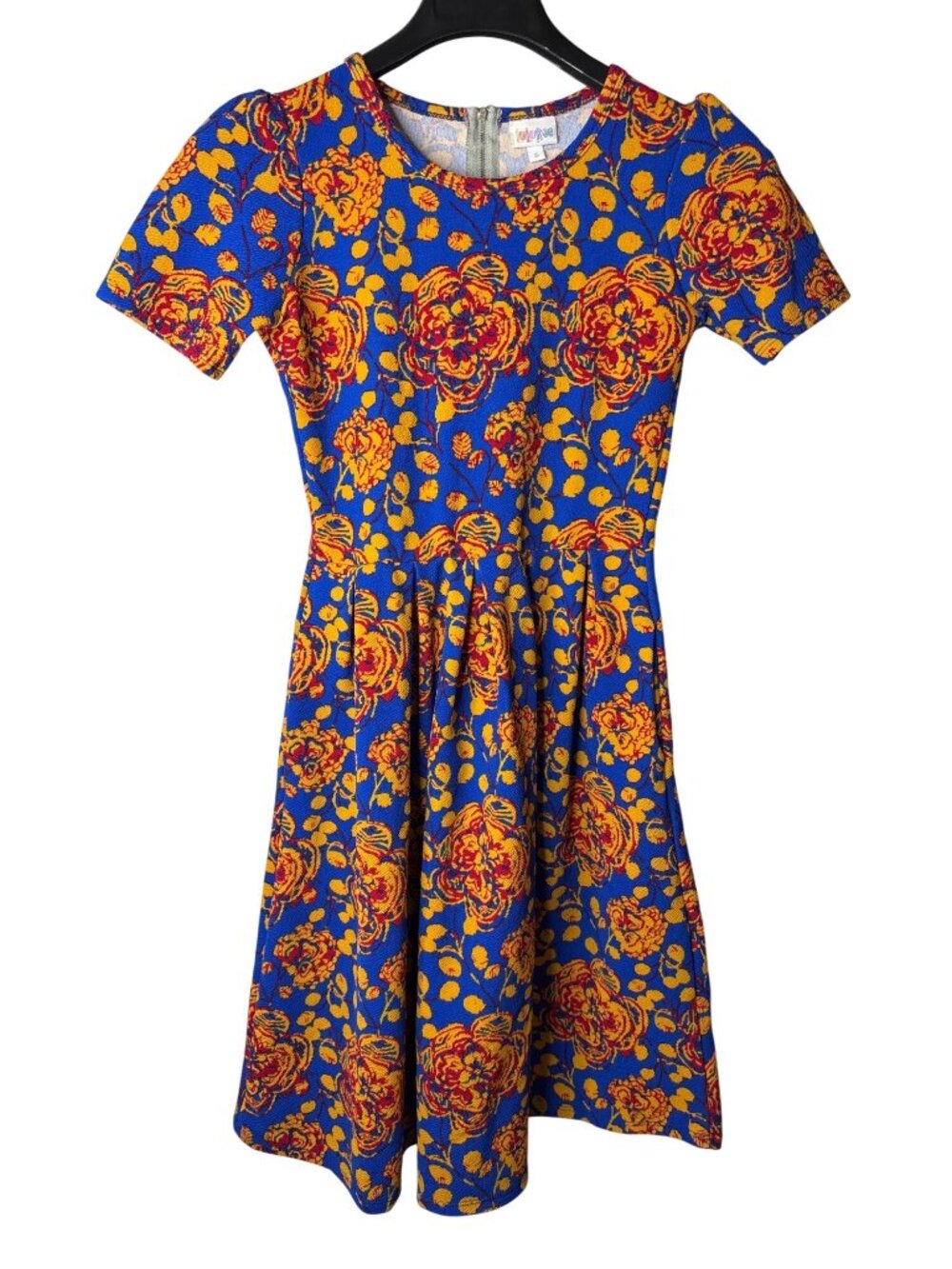 LuLaRoe Amelia Fit & Flare Dress Size S Midi Abstract Floral Blue Yellow Red